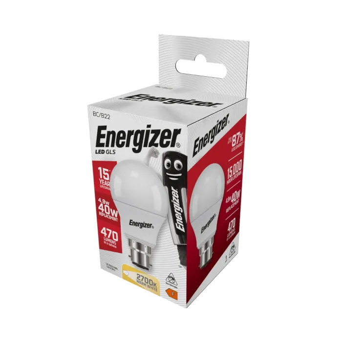 Energizer 4.9W B22 Standard GLS LED Bulb - 470lm - 2700K