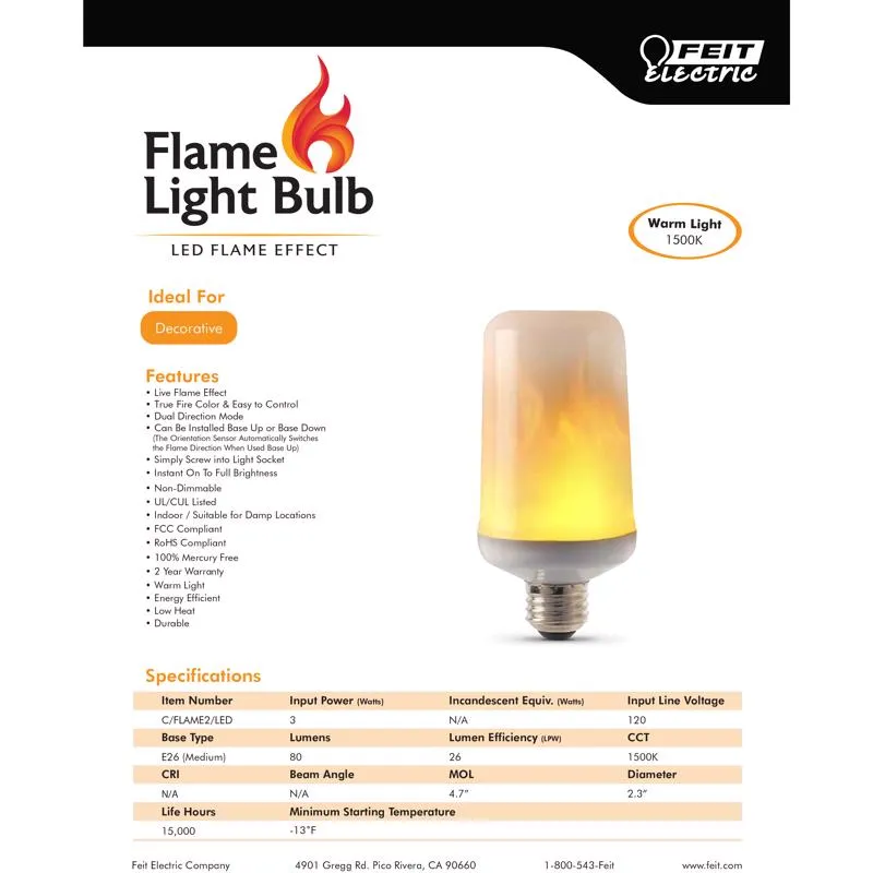 Feit LED Flame Bulb S6 E26 (Medium) LED Bulb Warm Candle Light 30 Watt Equivalence 1 pk