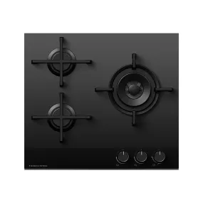 Fisher & Paykel CG603DLPGB4 Gas on Glass Hob, 3 Burners Two Dual Wok Burners, 60cm Wide, LPG- Black Glass