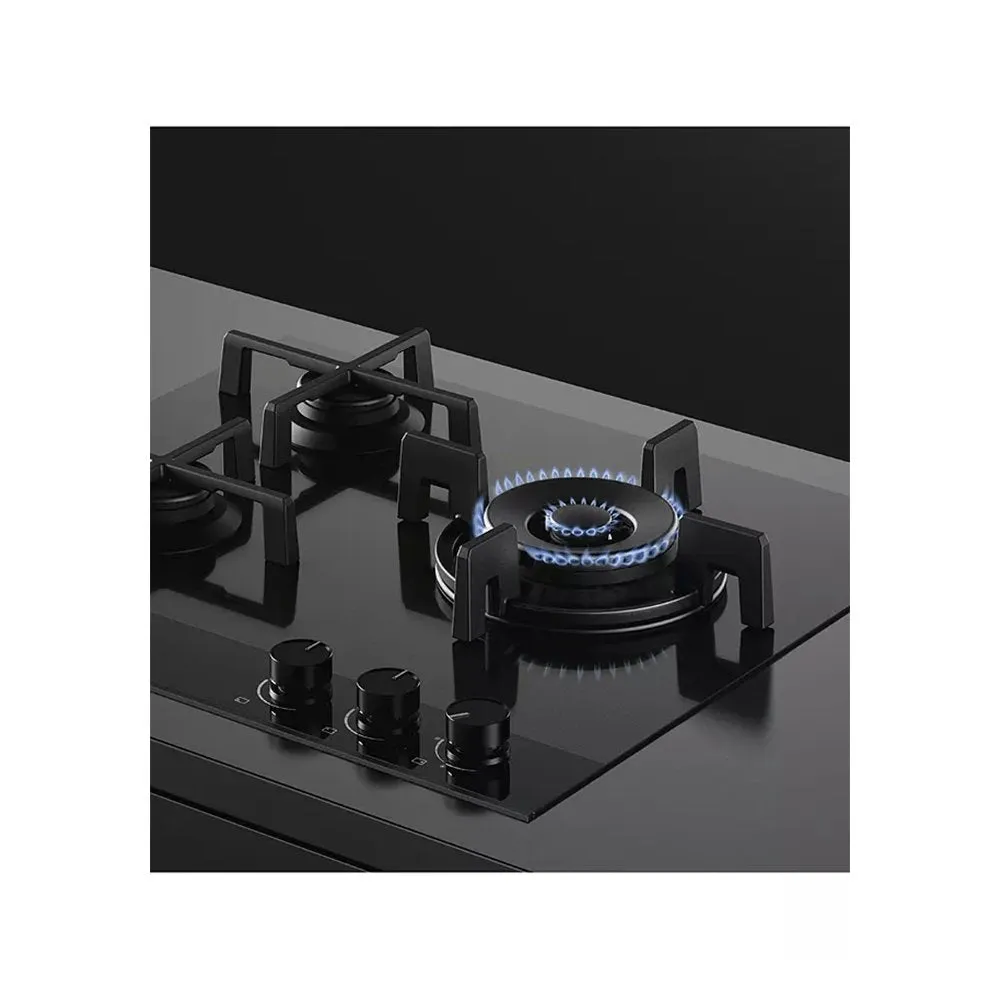 Fisher & Paykel CG603DLPGB4 Gas on Glass Hob, 3 Burners Two Dual Wok Burners, 60cm Wide, LPG- Black Glass