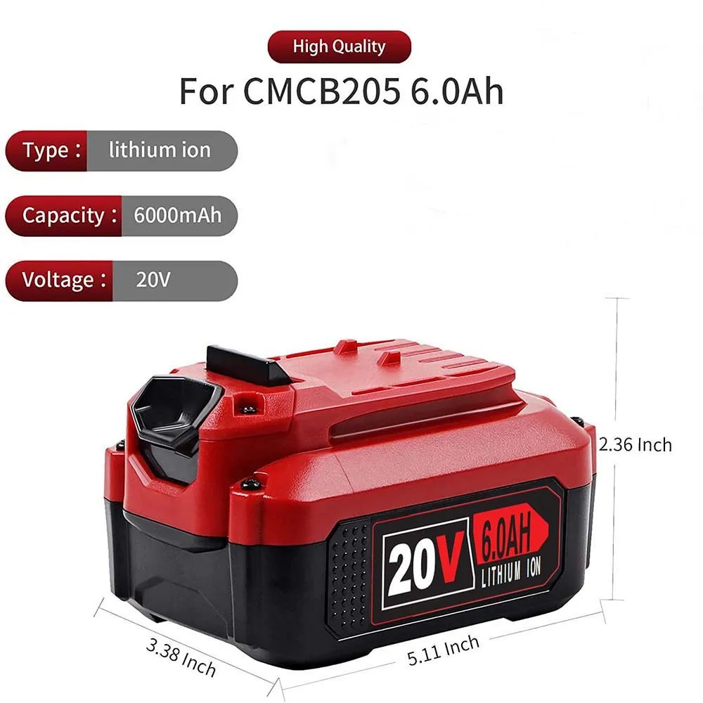 For Craftsman 20V 6.0AH Battery  Replacement |  CMCB204 CMCB202 CMCB206 V20 Li-ion Battery 2 Pack