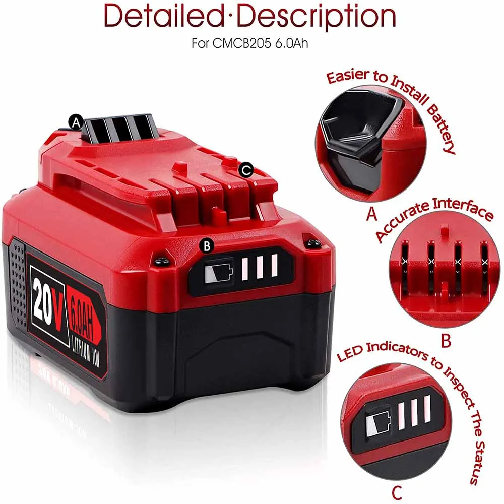 For Craftsman 20V 6.0AH Battery  Replacement |  CMCB204 CMCB202 CMCB206 V20 Li-ion Battery