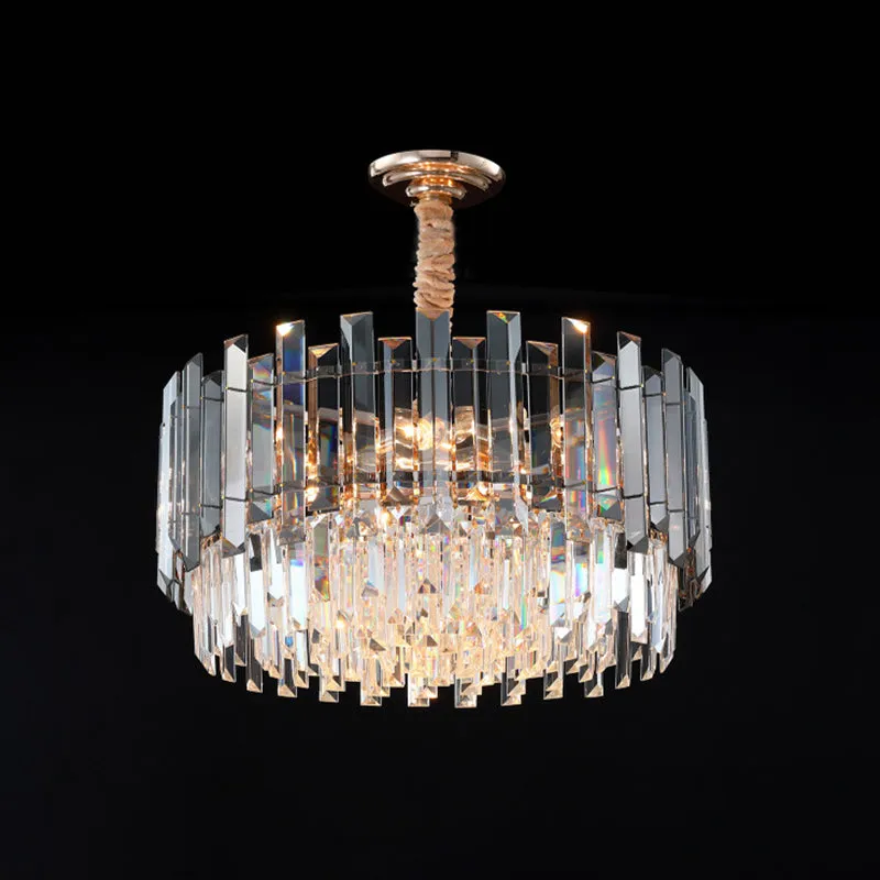 Gold 9-Bulb Chandelier with Clear and Smoke Gray Crystal Dual Layers for Modern Dining Room