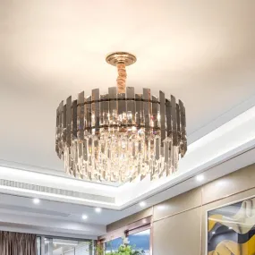 Gold 9-Bulb Chandelier with Clear and Smoke Gray Crystal Dual Layers for Modern Dining Room