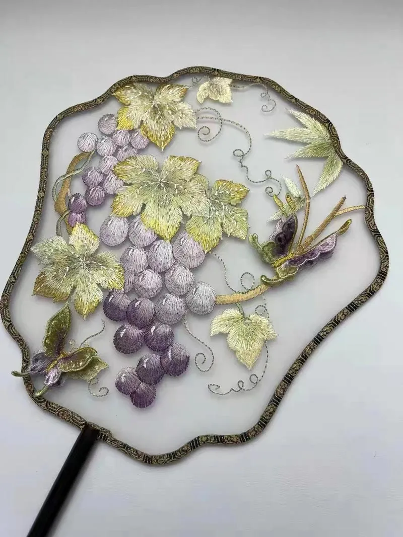 Grapes with Butterflies Flying Under the Vines Single Side Embroidered Handheld Fan Chinese Gift