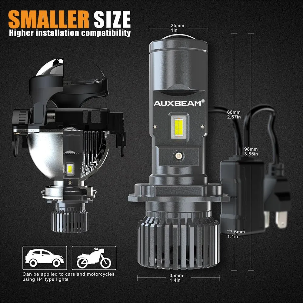 H4/HS1 LED Headlight Bulbs Mini Bi-LED Projector Lens High Low Dual Beam for Motorcycle Car Truck ATV UTV Snowmobile | 2 Bulbs