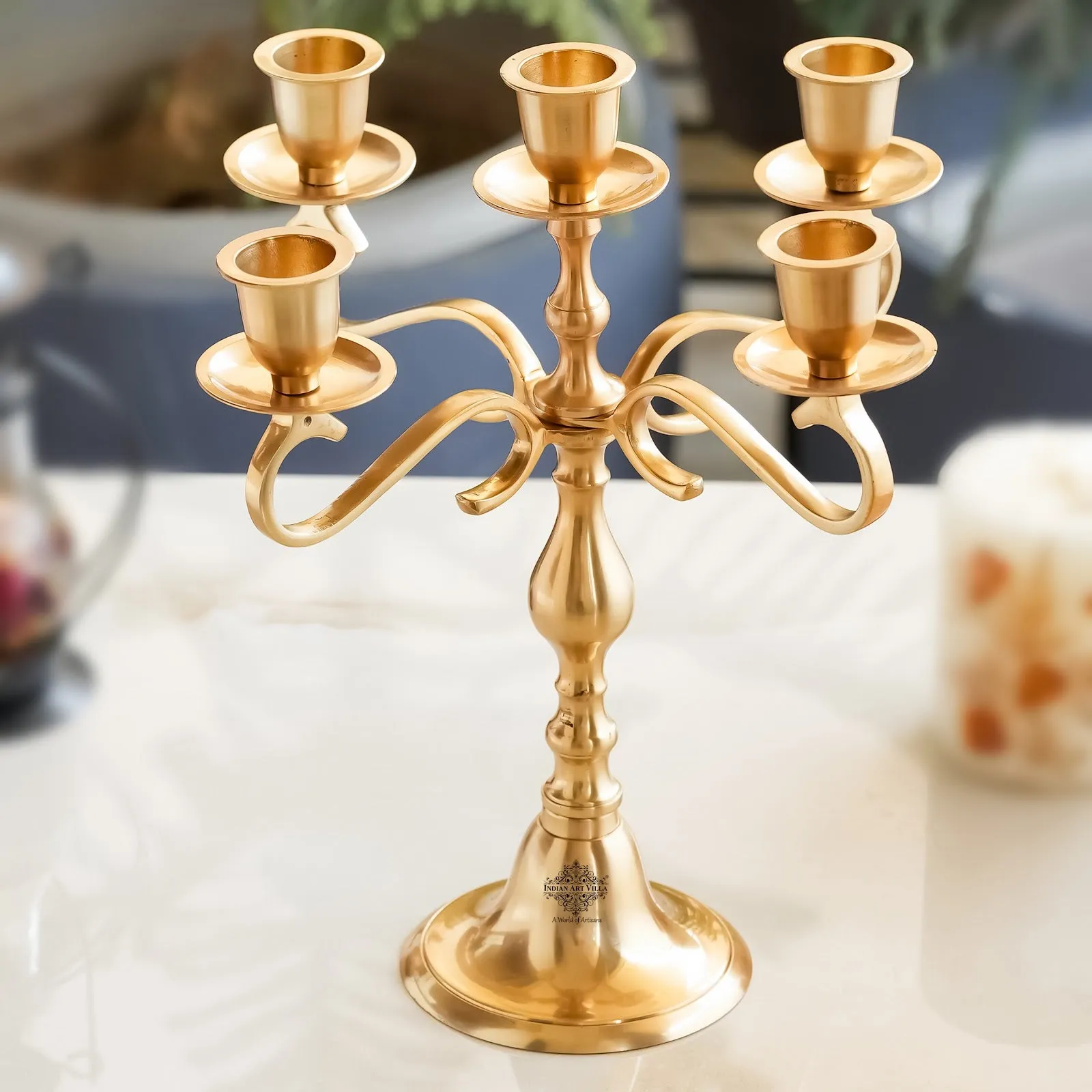 Indian Art Villa Pure Brass 5-Candle Arms Candelabra Centerpiece Candle Stand Home Decoration, Brass Lamp