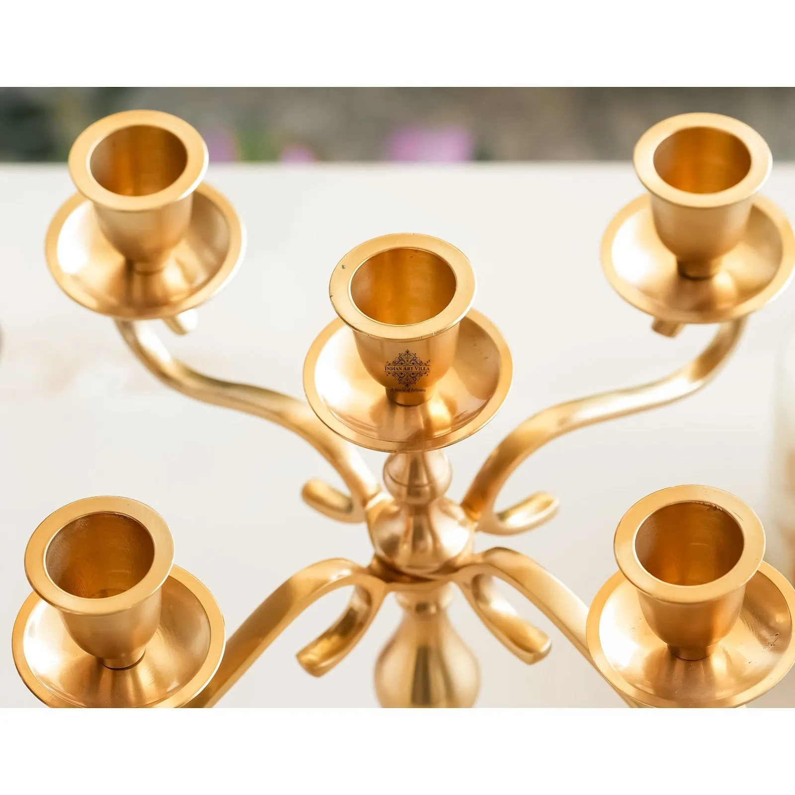 Indian Art Villa Pure Brass 5-Candle Arms Candelabra Centerpiece Candle Stand Home Decoration, Brass Lamp