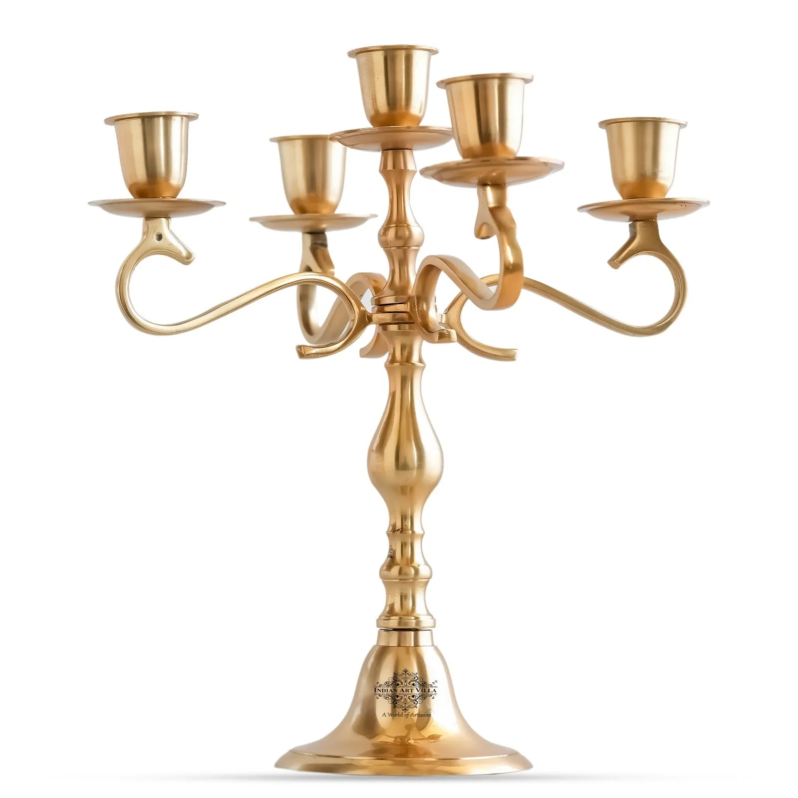 Indian Art Villa Pure Brass 5-Candle Arms Candelabra Centerpiece Candle Stand Home Decoration, Brass Lamp