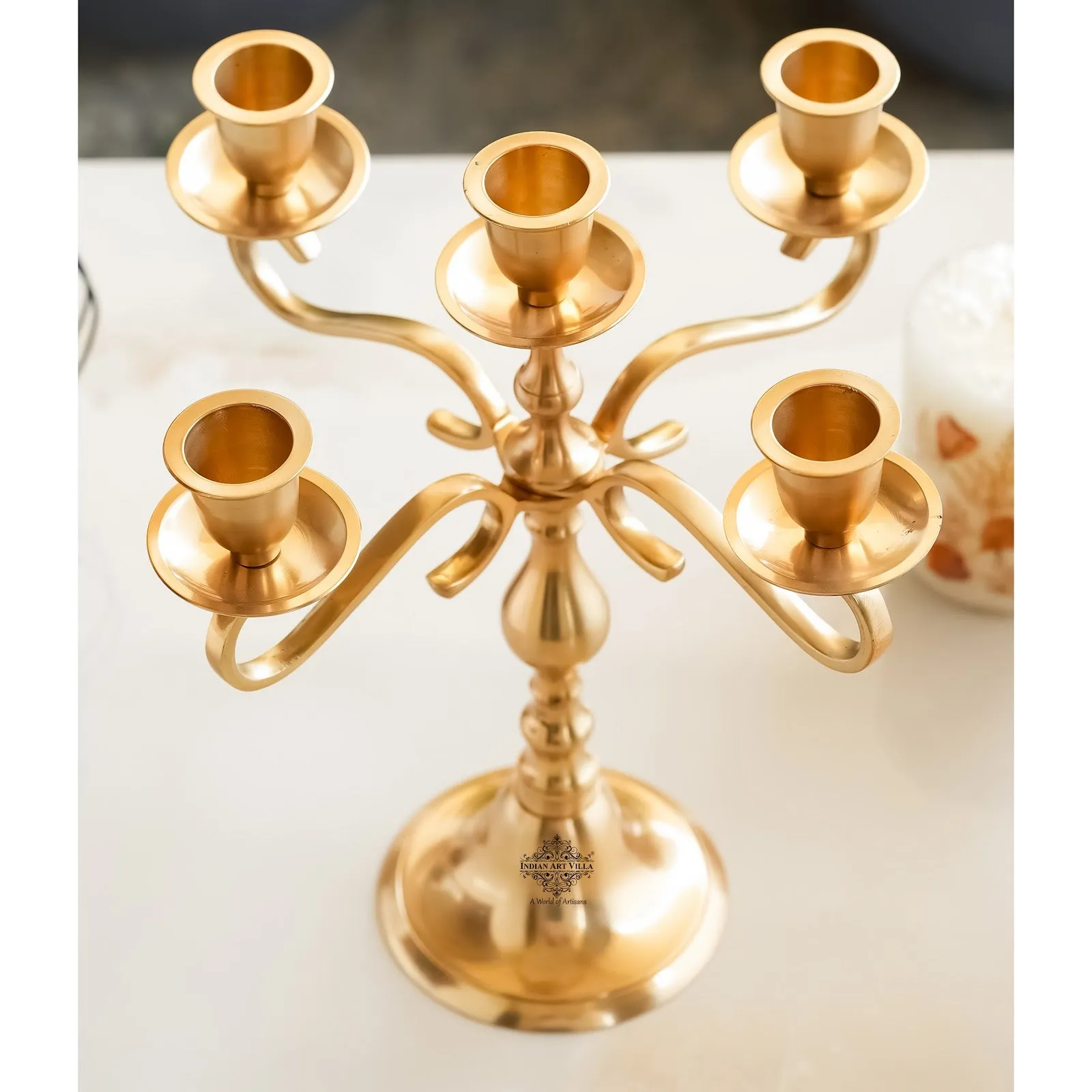 Indian Art Villa Pure Brass 5-Candle Arms Candelabra Centerpiece Candle Stand Home Decoration, Brass Lamp