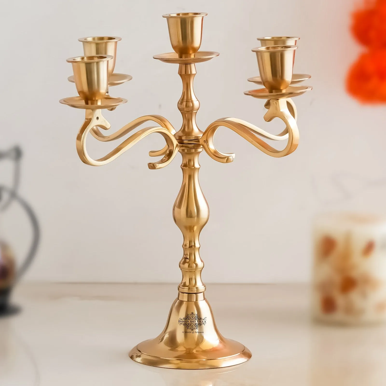 Indian Art Villa Pure Brass 5-Candle Arms Candelabra Centerpiece Candle Stand Home Decoration, Brass Lamp