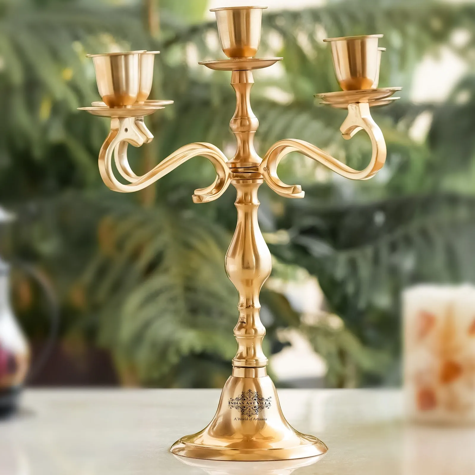 Indian Art Villa Pure Brass 5-Candle Arms Candelabra Centerpiece Candle Stand Home Decoration, Brass Lamp