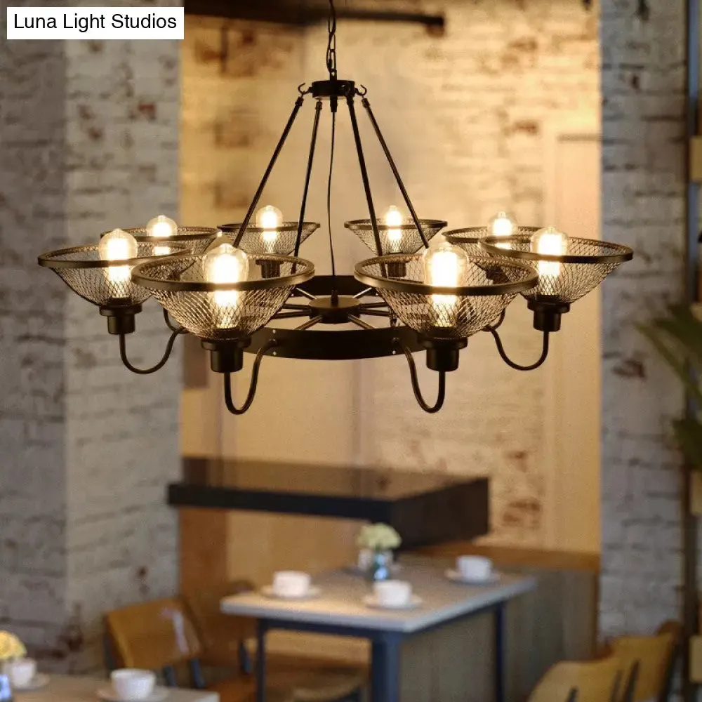 Industrial Conical Mesh Chandelier - Black Metallic Suspended Lighting for Restaurants