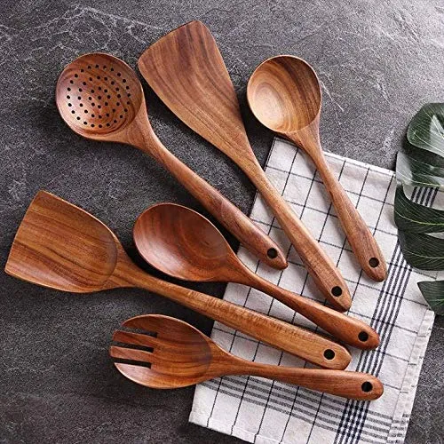 ITOS365 Handmade Wooden Non-Stick Serving and Cooking Spoon Kitchen Tools Utensil, Set of 6,30.5 centimeter