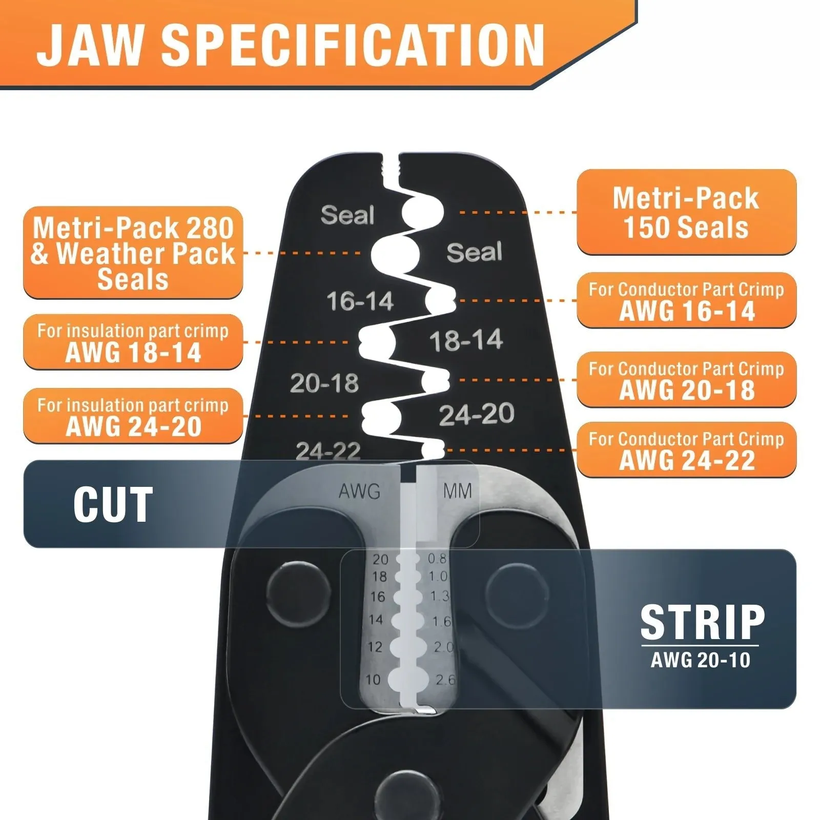 IWC-1424AB AWG24-14 Wire Crimper for Weather Pack Terminals, Open Barrel Terminals, Stamped Contacts, Wire Stripper & Cutter