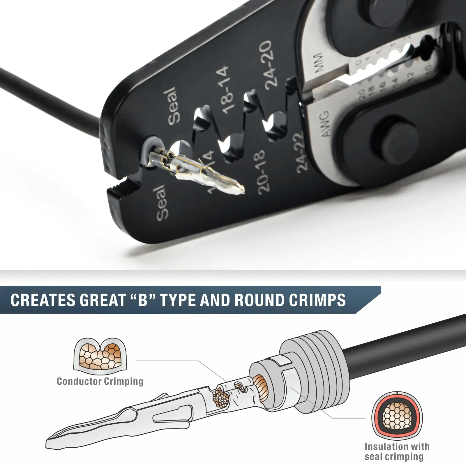 IWC-1424AB AWG24-14 Wire Crimper for Weather Pack Terminals, Open Barrel Terminals, Stamped Contacts, Wire Stripper & Cutter