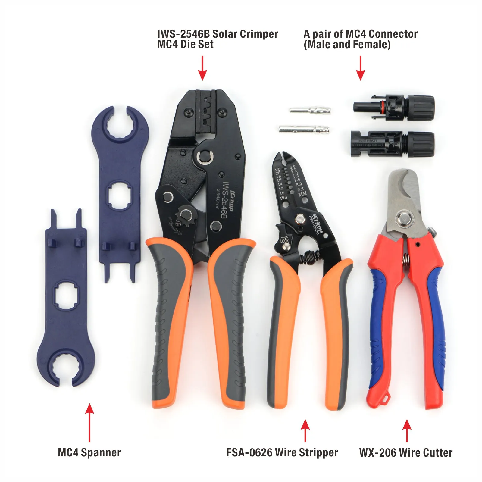 IWS-2546B Solar PV Cable Crimping Tool Kit with Wire Stripper, Cable Cutter, Solar Spanner and Connectors