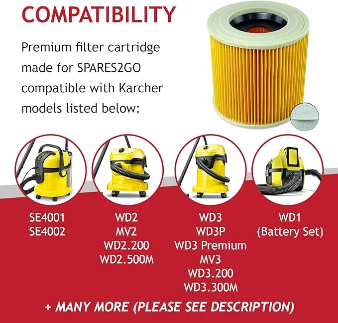 Karcher WD2 Filter Kit |WD3 Filter| MV2 Filter |MV3 Filter |Wet & Dry Vacuum Cleaner Filter Cartridges | Pack of 2