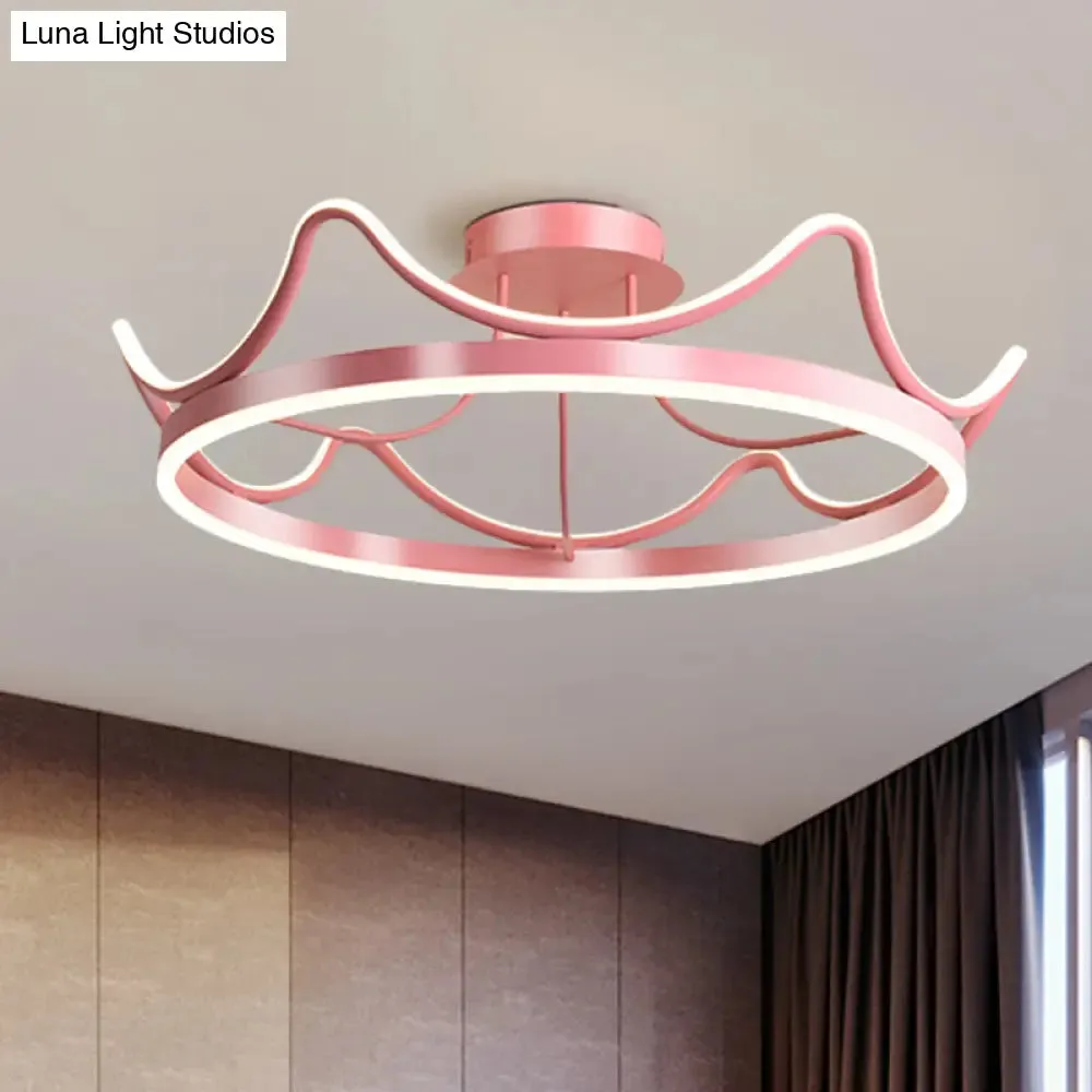 Kids LED Flush Mount Ceiling Lamp with Pink/Gold Metal Crown - Close to Ceiling Lighting