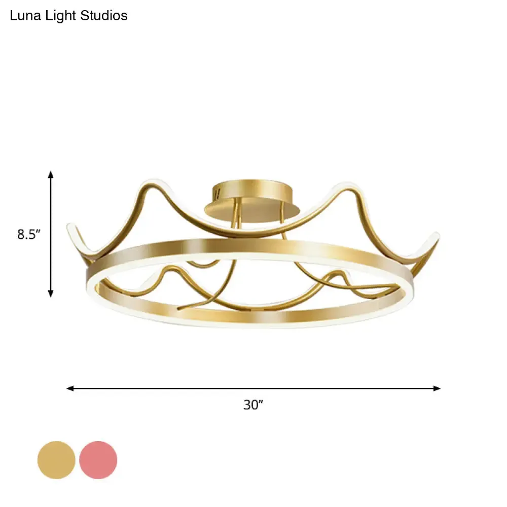 Kids LED Flush Mount Ceiling Lamp with Pink/Gold Metal Crown - Close to Ceiling Lighting