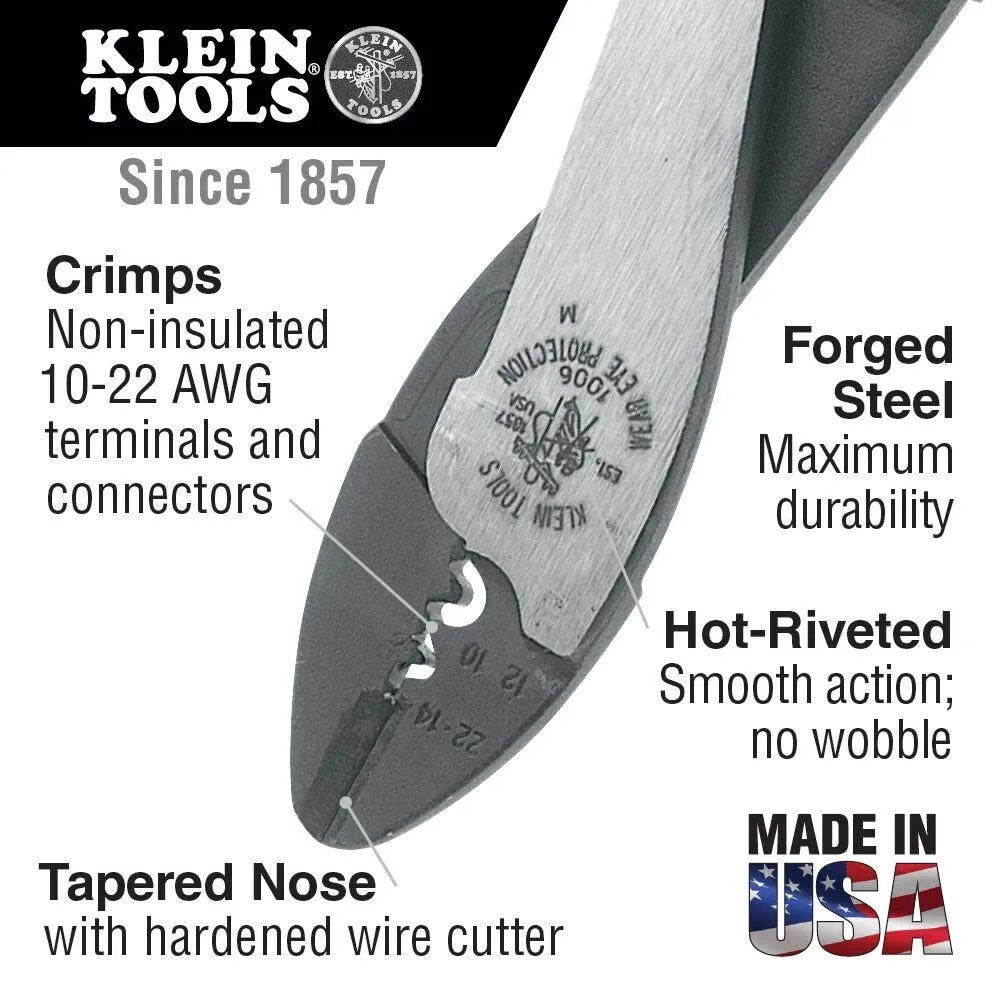 Klein Tools 1006 Cutting / Crimping Tool, Made in USA, Crimps 10 to 22 AWG Solderless Terminals and Connectors, with Wire Cutter in Tapered Nose