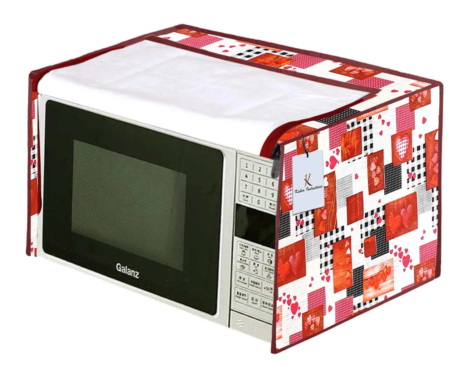 Kuber Industries Hearts Design PVC Microwave Oven Full Closure Cover for 20 Litre (Cream & Maroon) CTKTC33246