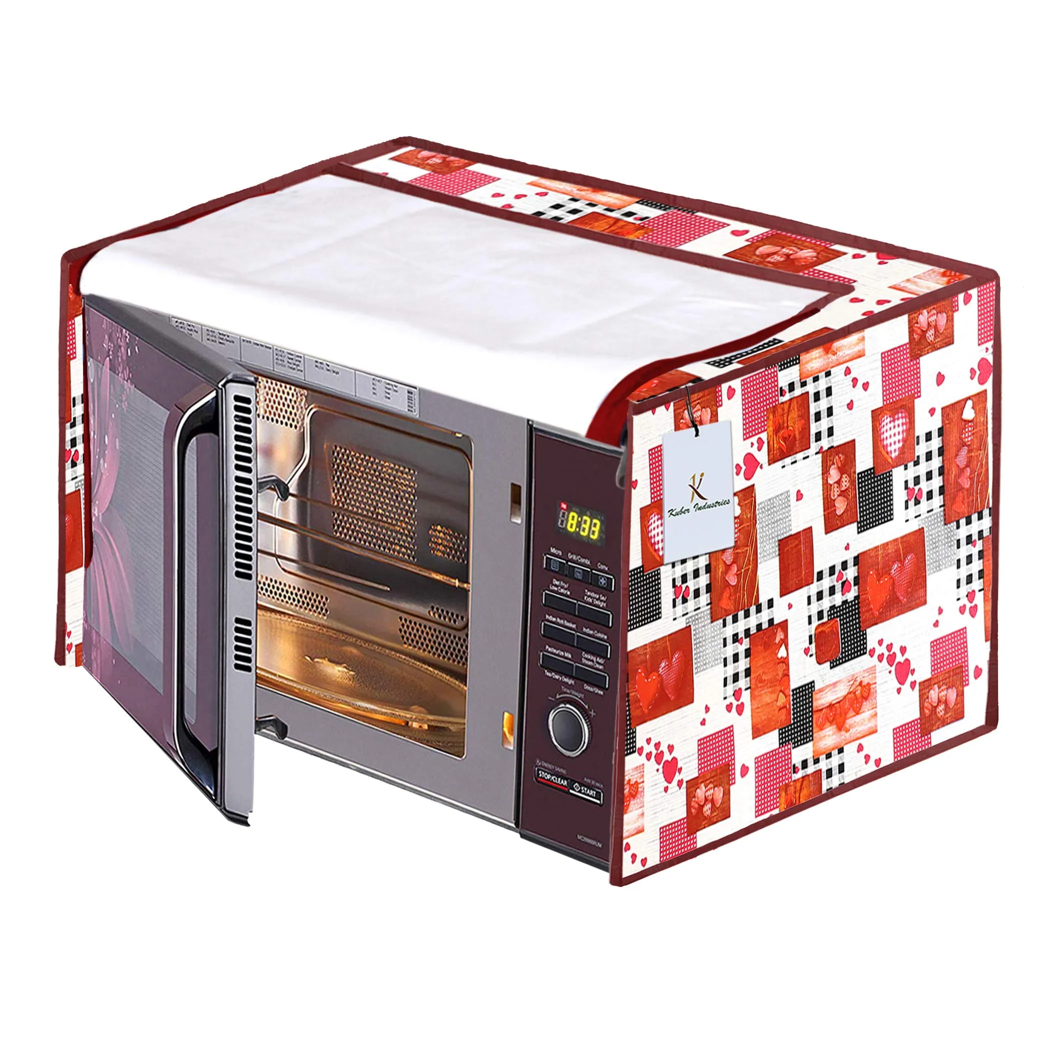 Kuber Industries Hearts Design PVC Microwave Oven Full Closure Cover for 20 Litre (Cream & Maroon) CTKTC33246