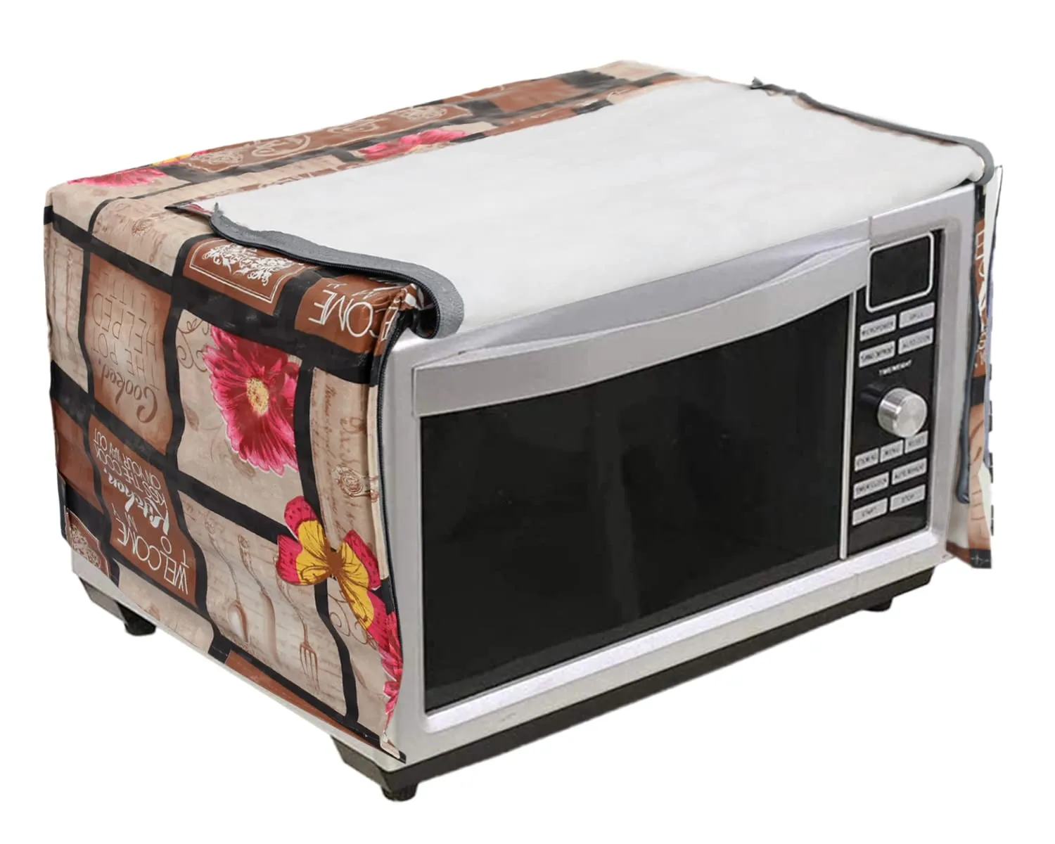 Kuber Industries PVC Multicheck Floral Print Microwave Oven Cover For Home & Kitchen 20 Ltr. (Brown) 54KM4106