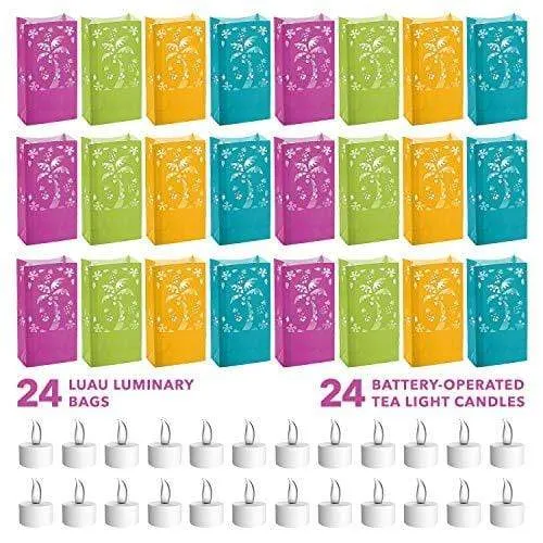 Luminary Bags with Battery-Operated Tea Light Candles for Luaus & Summer Parties (24 Pack)