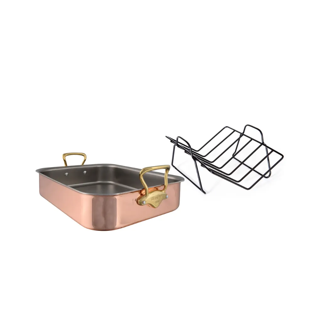 Mauviel Copper Roasting Pan With Rack, Brass Handles, 15.7 x 11.8-In