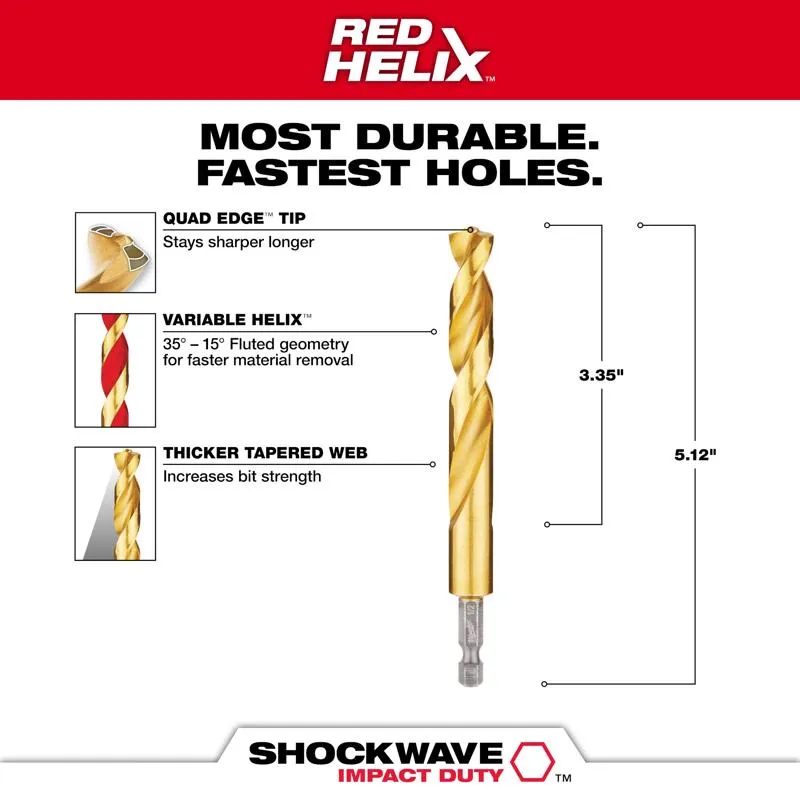 Milwaukee Shockwave 1/2 in. X 5-1/8 in. L Titanium Red Helix Drill Bit Hex Shank 1 pc