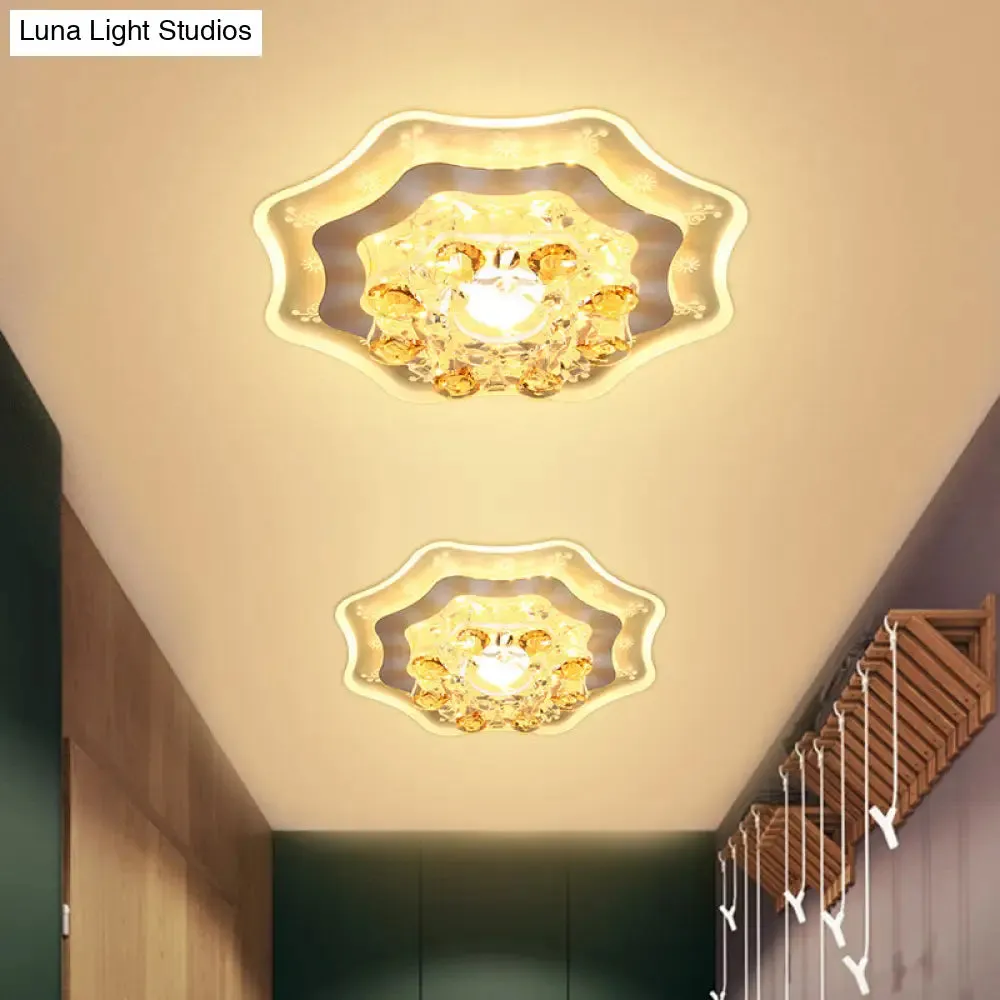 Modern LED Hallway Flush Mount Light with Chrome Ceiling Finish and Bloom Faceted Crystal Shade