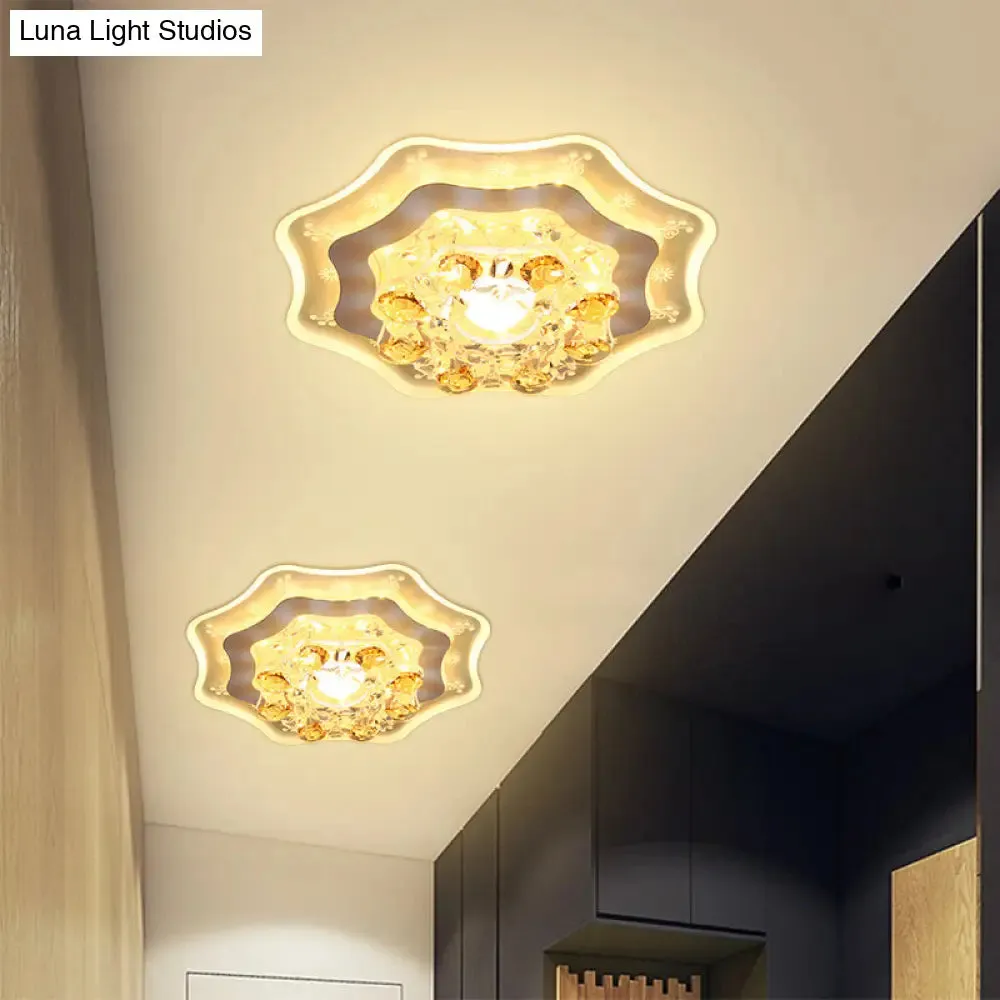 Modern LED Hallway Flush Mount Light with Chrome Ceiling Finish and Bloom Faceted Crystal Shade