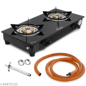 Nano Glass 2 Brass Burner Gas Stove With Hose Pipe & Nova Lighter