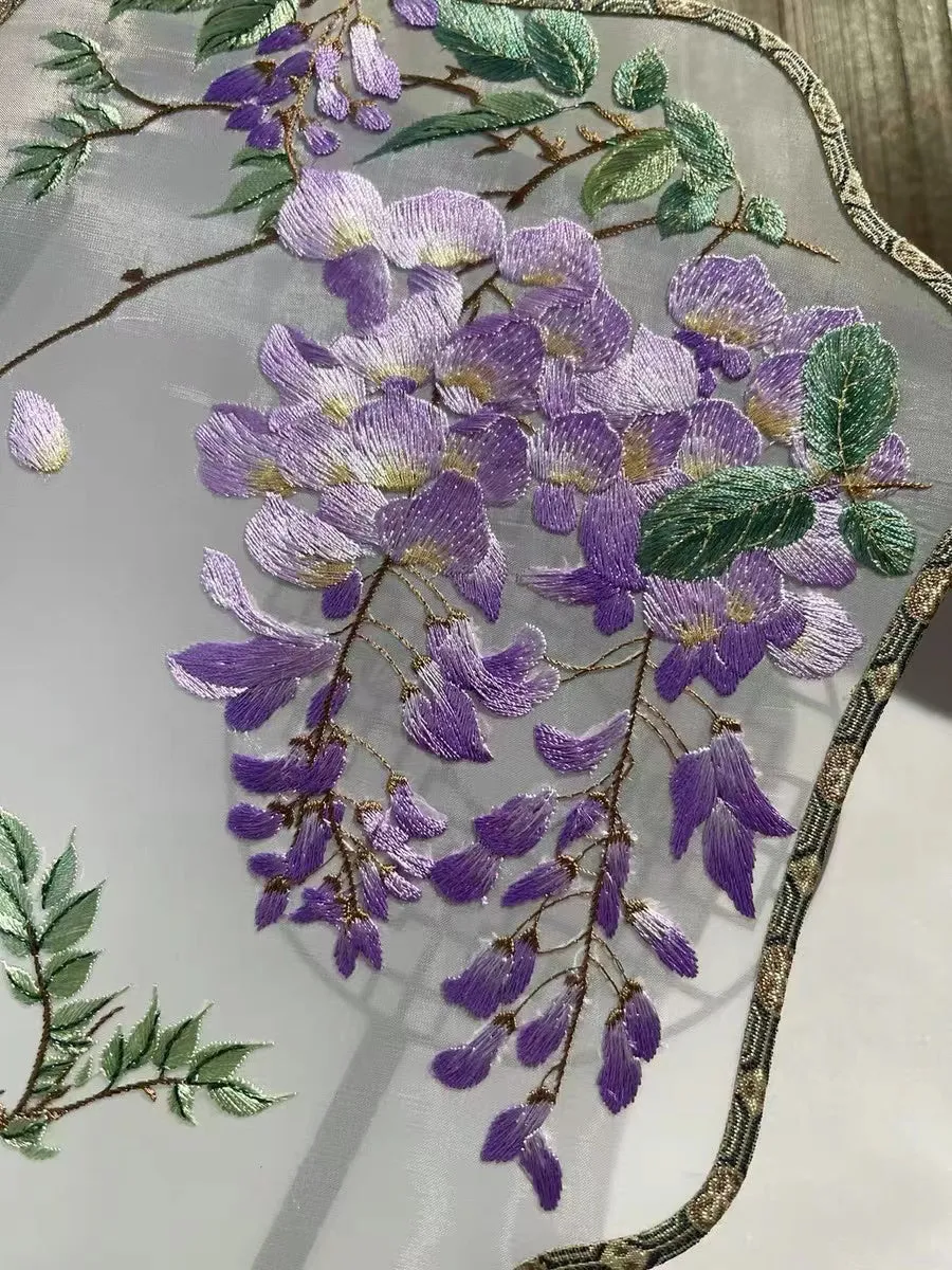 Nature Inspired Beautiful Purple Wisteria Blooming Single-Sided Embroidered Decorative Fan Chinese Gift