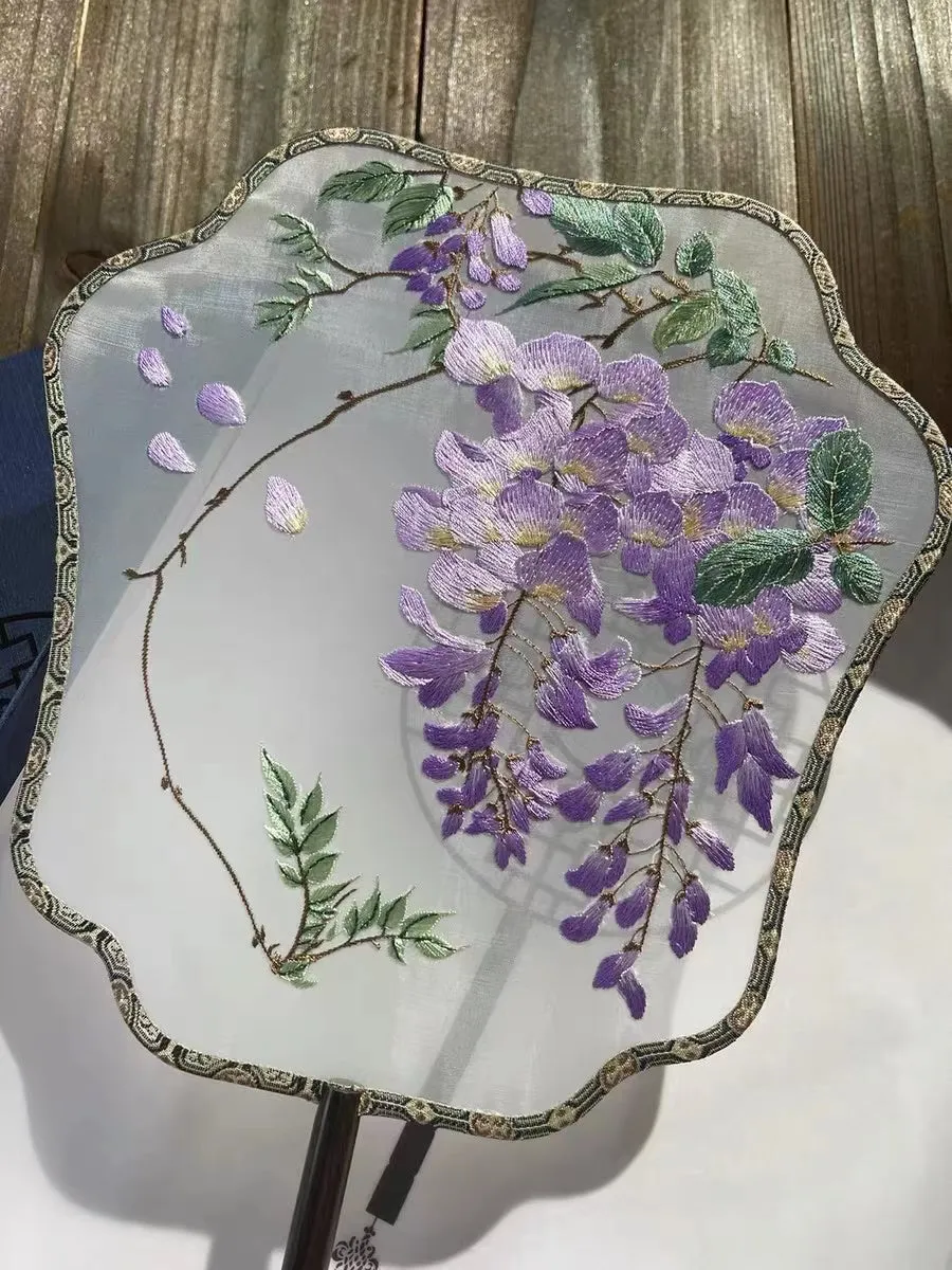 Nature Inspired Beautiful Purple Wisteria Blooming Single-Sided Embroidered Decorative Fan Chinese Gift