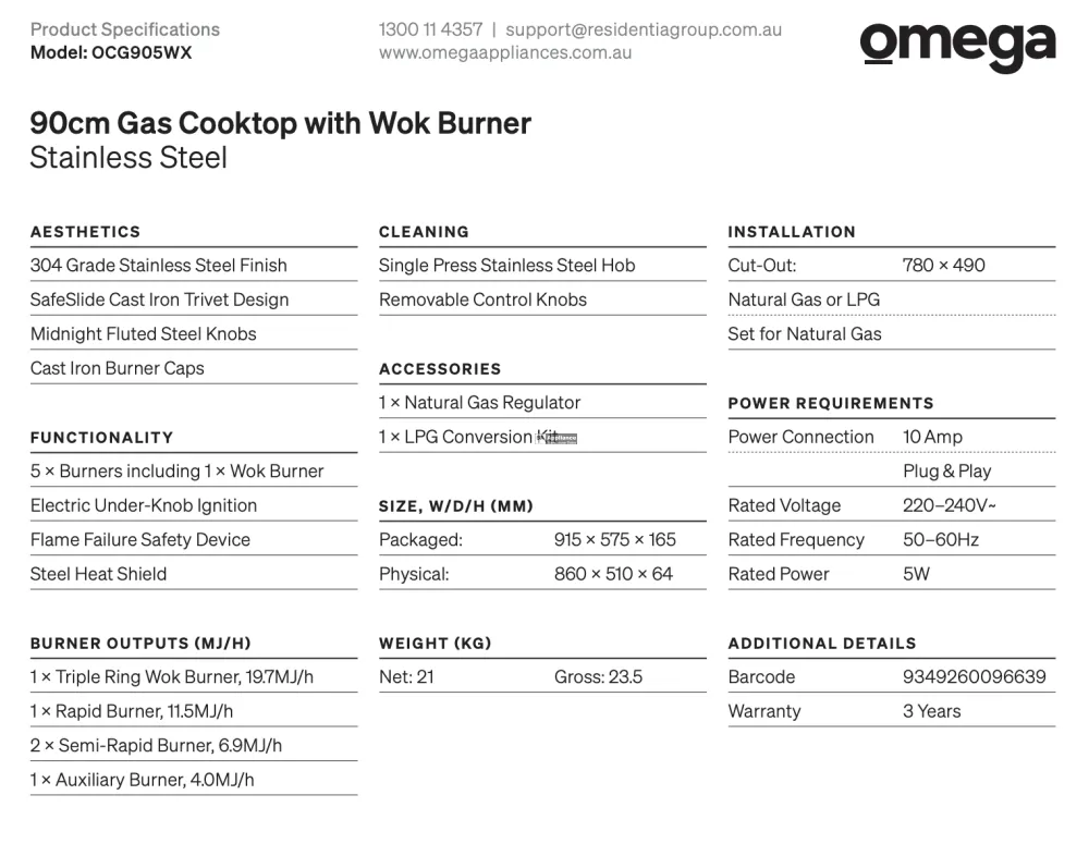 Omega OCG905WX 90cm Gas Cooktop, Stainless Steel, Stainless Steel - Special Order