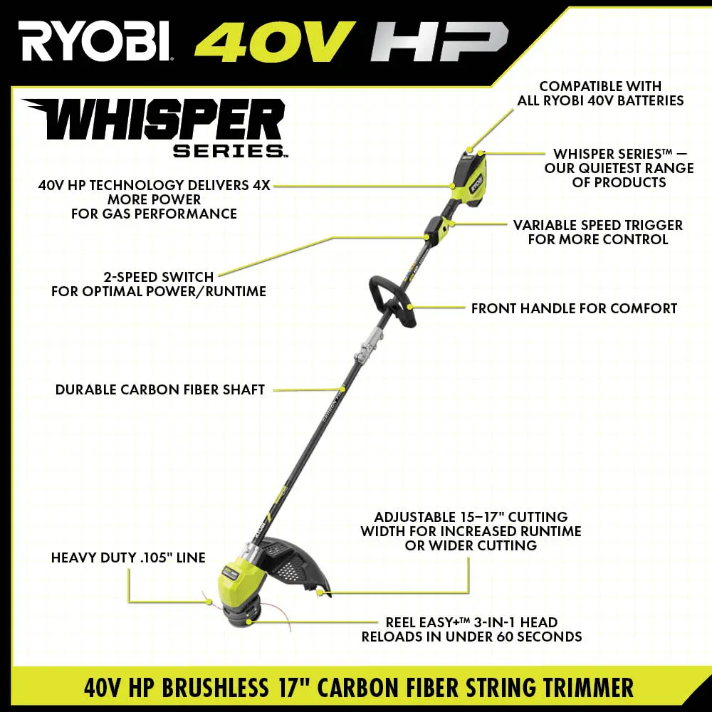 Open Box -  RYOBI 40V HP Brushless Whisper Series 17 in. Cordless Battery Carbon Fiber Shaft String Trimmer w/ 6.0 Ah Battery & Charger