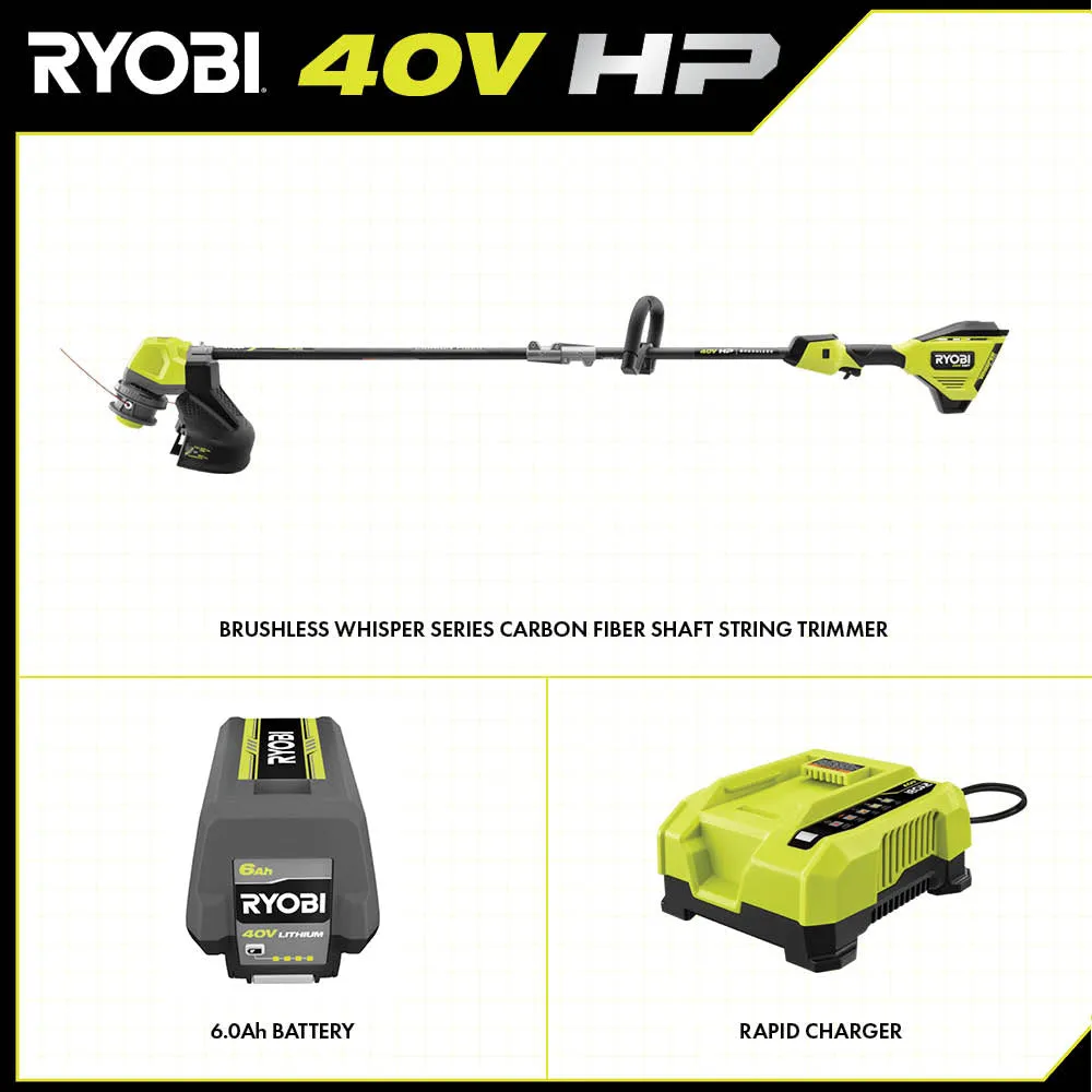 Open Box -  RYOBI 40V HP Brushless Whisper Series 17 in. Cordless Battery Carbon Fiber Shaft String Trimmer w/ 6.0 Ah Battery & Charger