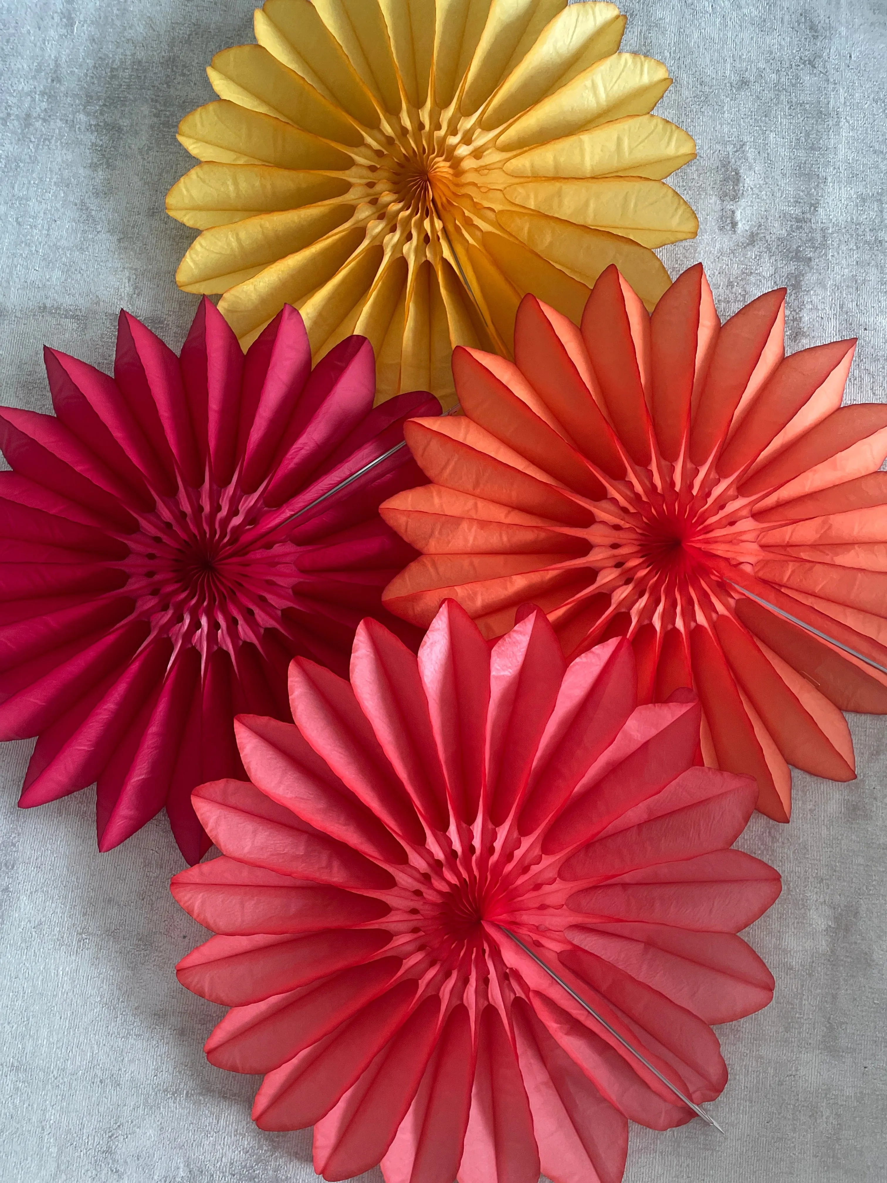 Paper fans - fall colours - party decoration set of 4 - orange yellow coral and deep red - 26" diamete