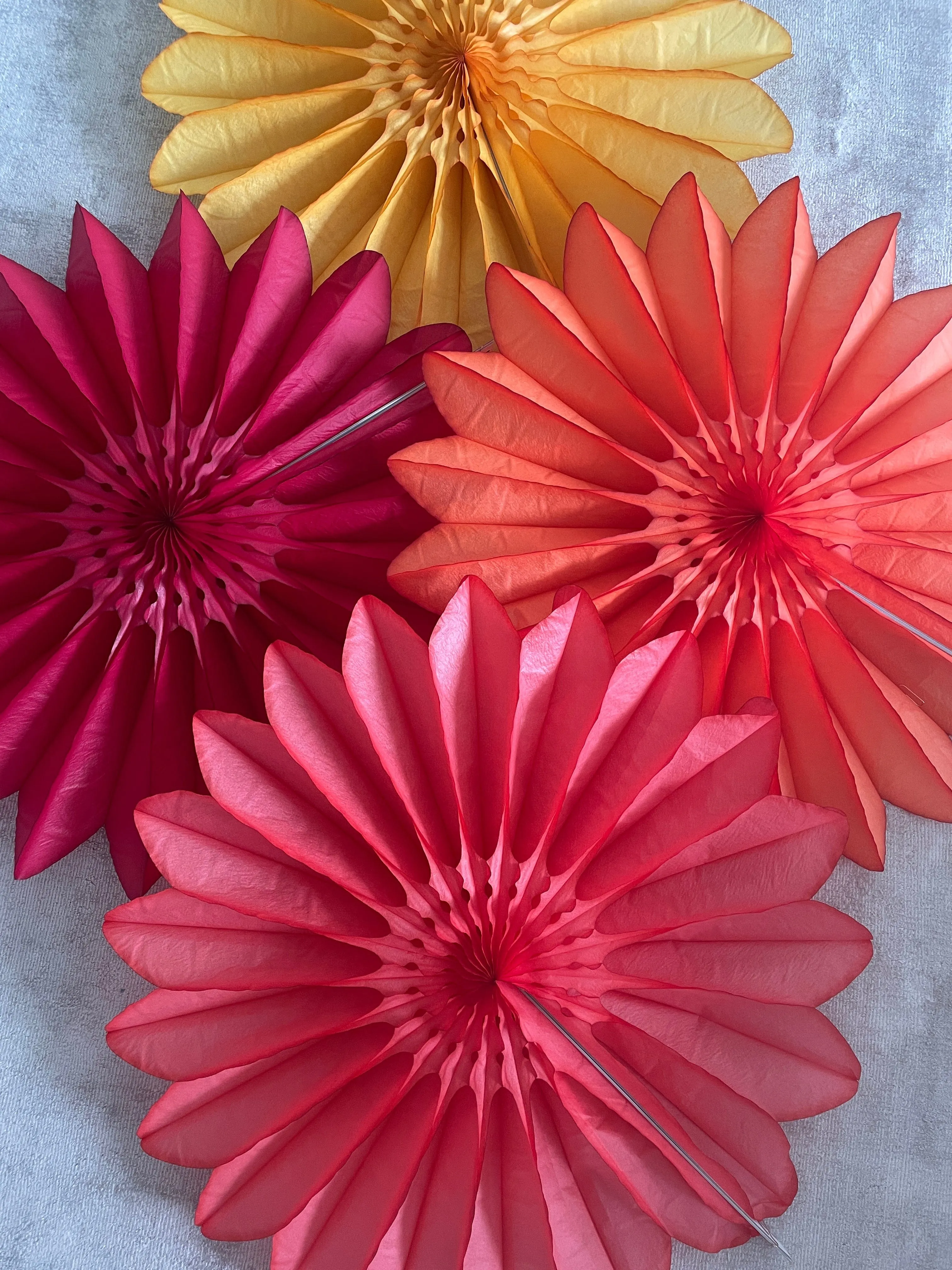 Paper fans - fall colours - party decoration set of 4 - orange yellow coral and deep red - 26" diamete