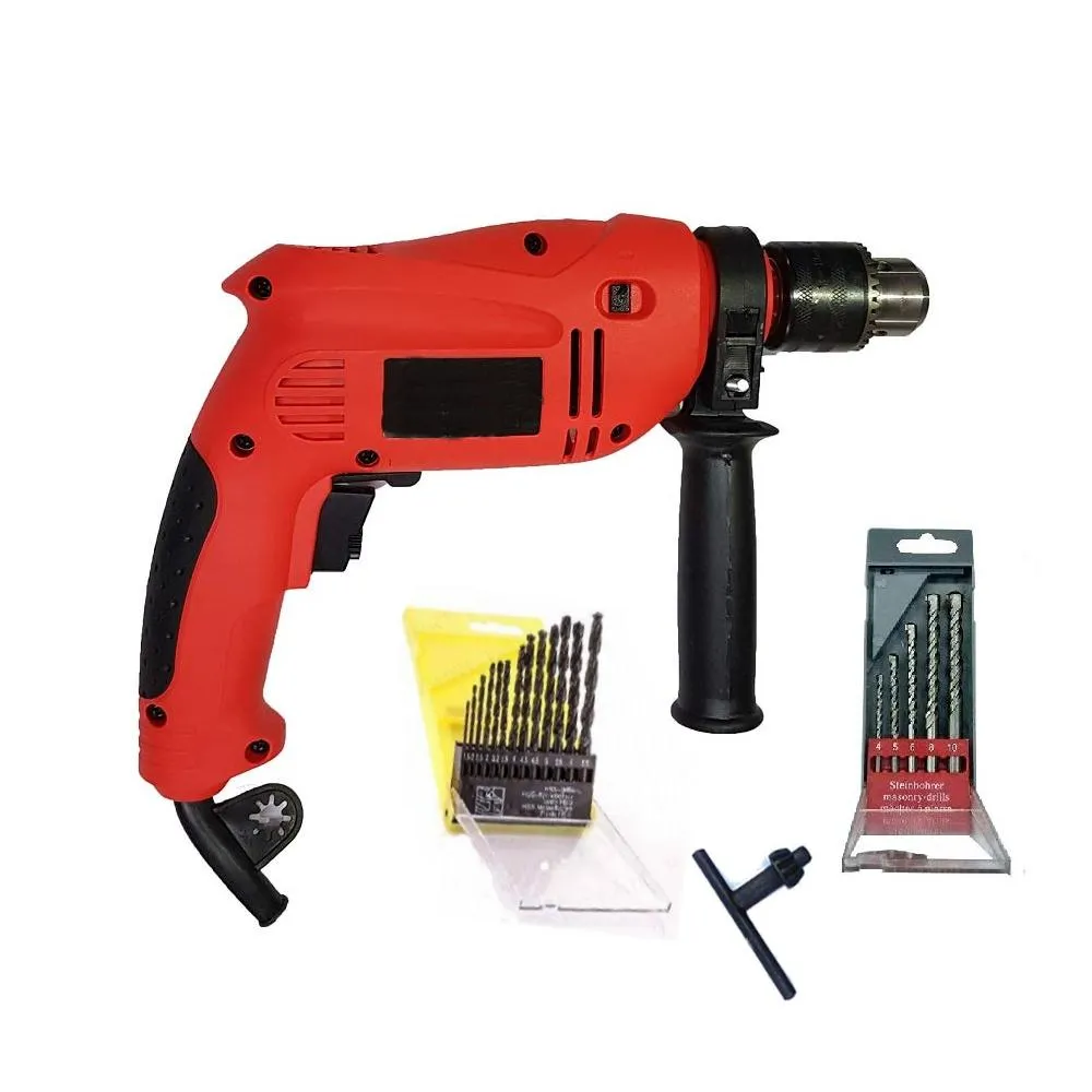 Powerful 13 mm Impact Drill Machine Reverse Forward Rotation 700 watt  with 13 Pieces Hss Drill Set, 5 Pieces Masonry Drill Set