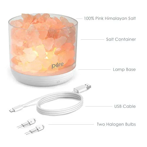 Pure Enrichment PureGlow USB Salt Lamp - Authentic Pink Himalayan Salt Rocks, Light Dimmer with 5 Levels, 2 Bulbs, and USB Power Cable