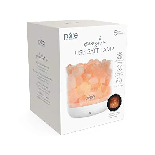 Pure Enrichment PureGlow USB Salt Lamp - Authentic Pink Himalayan Salt Rocks, Light Dimmer with 5 Levels, 2 Bulbs, and USB Power Cable