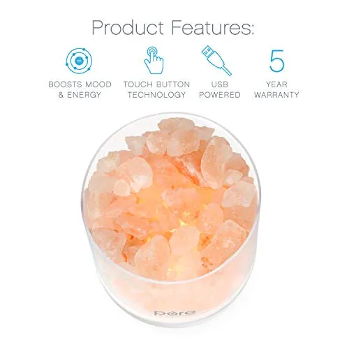 Pure Enrichment PureGlow USB Salt Lamp - Authentic Pink Himalayan Salt Rocks, Light Dimmer with 5 Levels, 2 Bulbs, and USB Power Cable