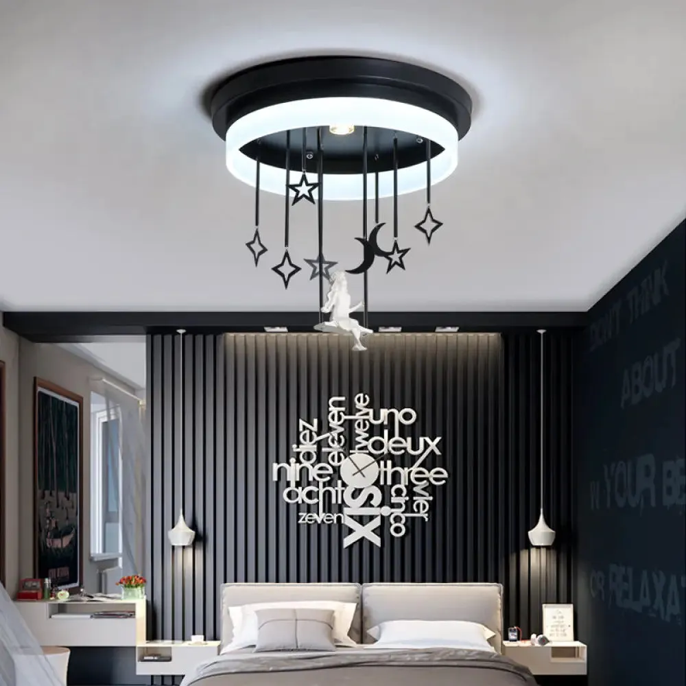 Romantic Black Circle Flush Ceiling Light with Star and Fairy Acrylic LED Lamp - Ideal for Boutiques