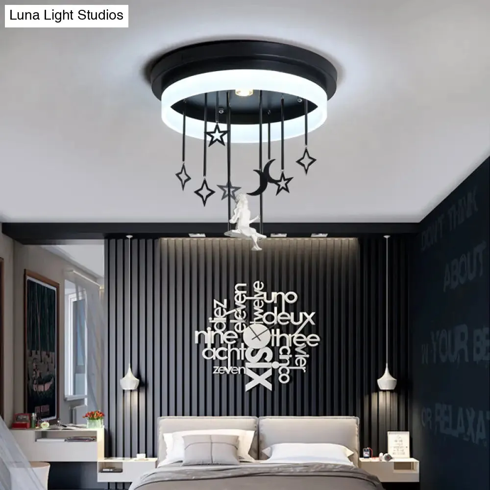 Romantic Black Circle Flush Ceiling Light with Star and Fairy Acrylic LED Lamp - Ideal for Boutiques