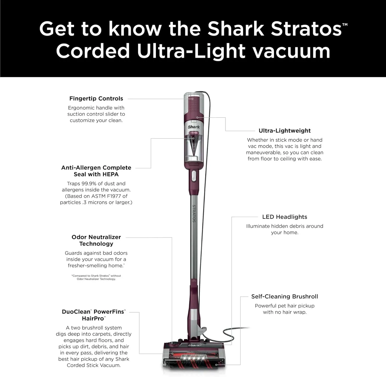 Shark HZ3000 Stratos Ultralight Corded Stick Vacuum with DuoClean PowerFins HairPro, Self-Cleaning Brushroll, & Odor Neutralizer Technology, Red Plum