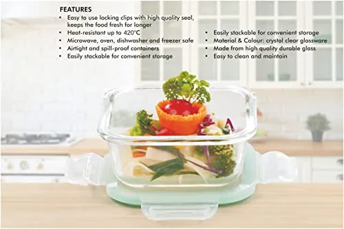 SignoraWare Lock 'N' Store Square High Microwave Oven Borosilicate Safe Glass Container with Air Tight Lid | Multipurpose Jar Box (320ml, Transparent, Food Grade)