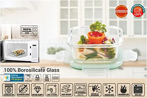 SignoraWare Lock 'N' Store Square High Microwave Oven Borosilicate Safe Glass Container with Air Tight Lid | Multipurpose Jar Box (320ml, Transparent, Food Grade)